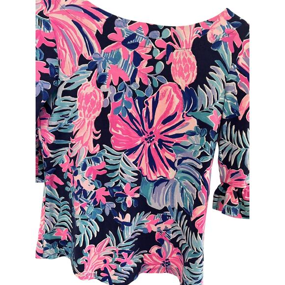 Lilly Pulitzer XS  Women Cotton Top Tee Floral Keyhole 3/4 Sleeve Preppy Resort - Picture 2 of 5